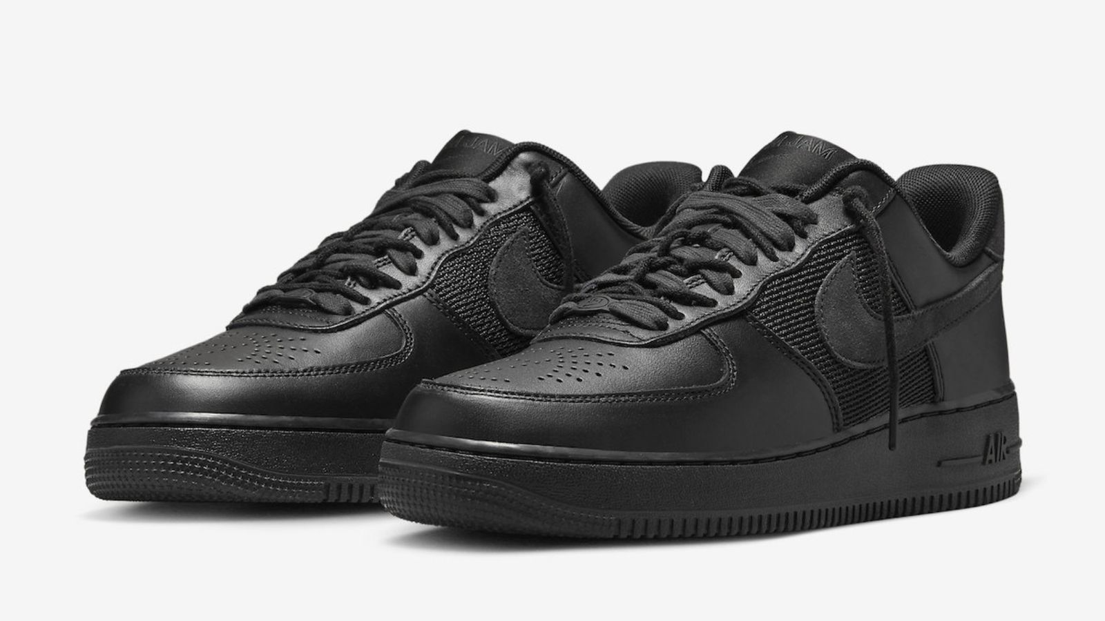 Slam Jam x Nike Air Force 1 Low "Black" product image of an all-black low-top with mesh and leather panels.