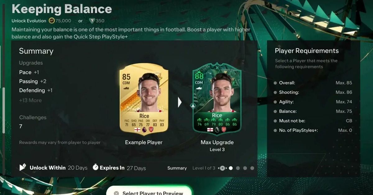 A screenshot showing Declan Rice's rating increase resulting from the Keeping Balance 1 or 2 Evolution