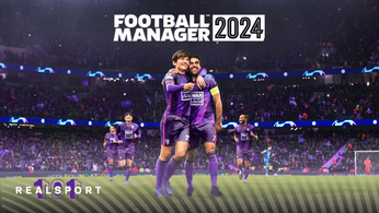 Two footballers celebrating a goal in a pitch for the Football Manager 2024 cover
