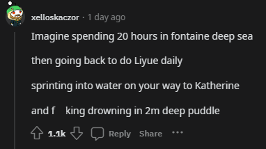 Some Genshin fans amused by the prospect of emerging out of the waters of Fontaine after a long deep-sea diving session only to drown in a shallow pool in Liyue