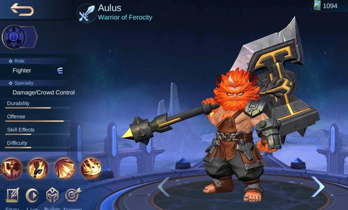 Character page for Aulus, an upcoming new hero in Mobile Legends