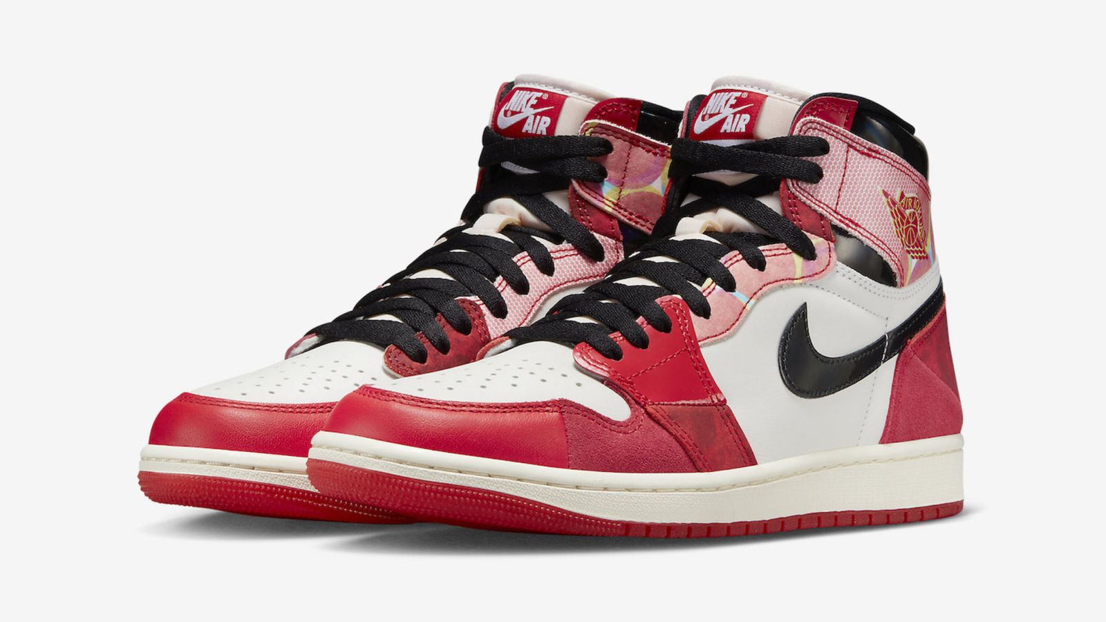 Air Jordan 1 High "Next Chapter" product image of a red, white, and black pair of high-tops made of different materials.