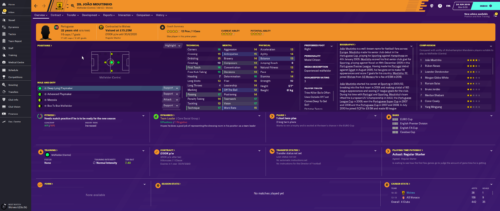 Moutinho's starting Football Manager 2020 attributes and information.