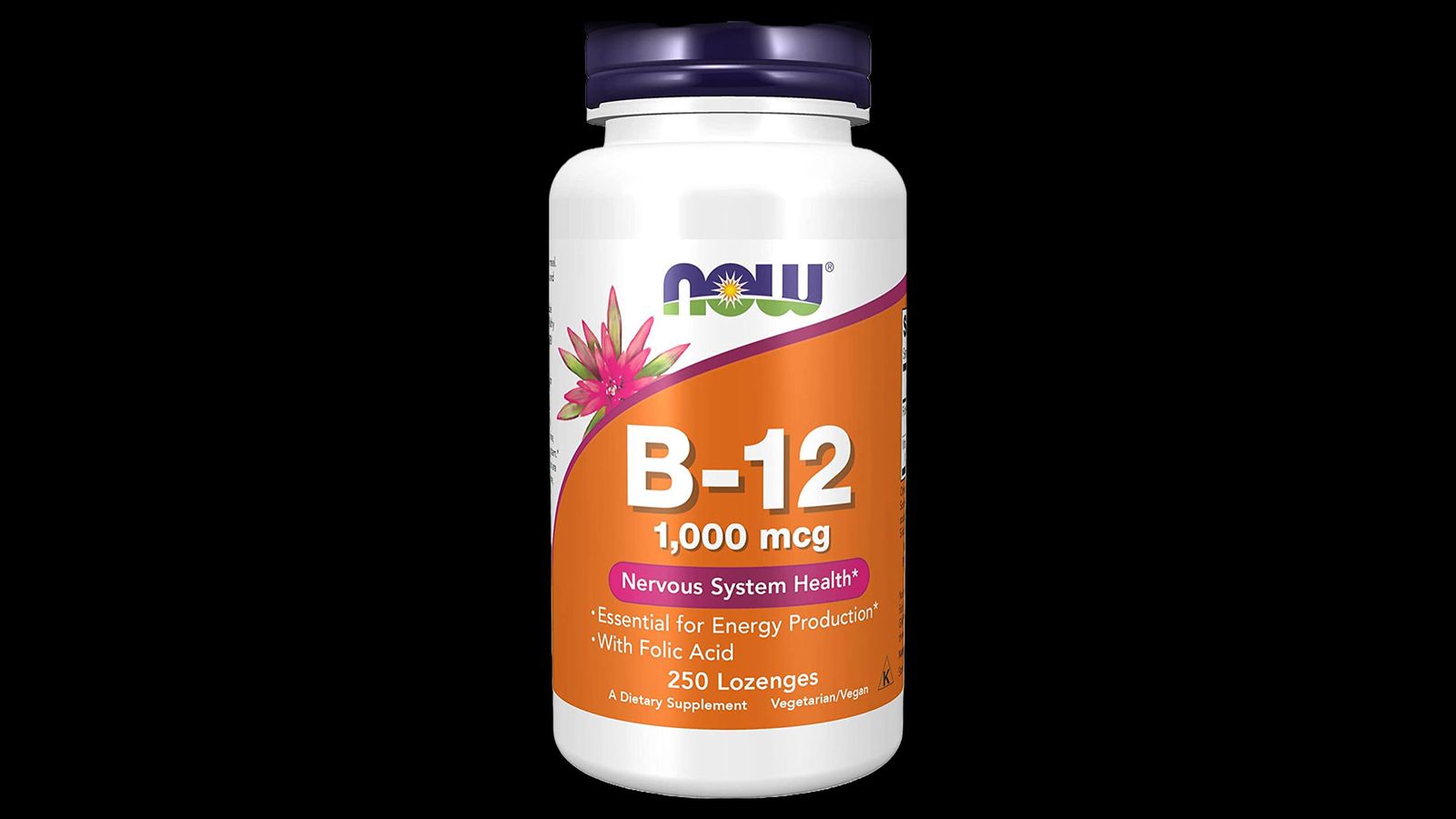 NOW Supplements Vitamin B12 product mage of a white container with an orange and pink label.