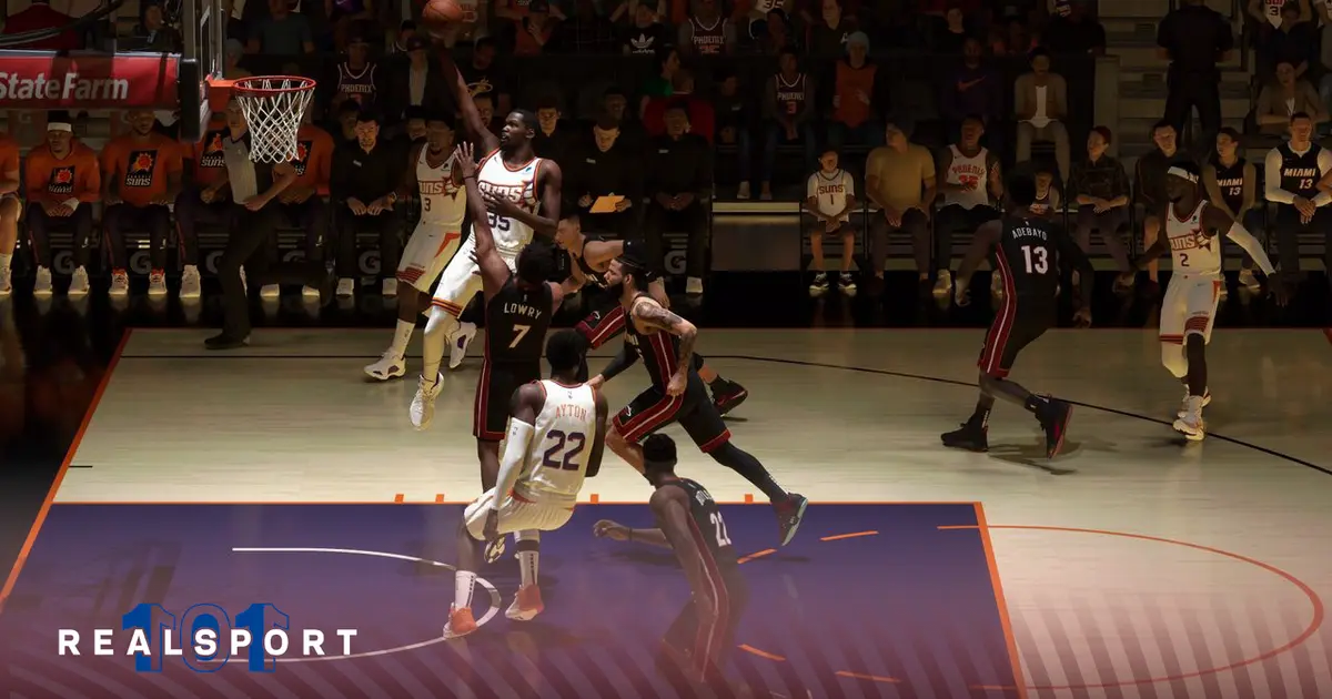 Kevin Durant performing a layup against the Miami Heat in NBA 2K24