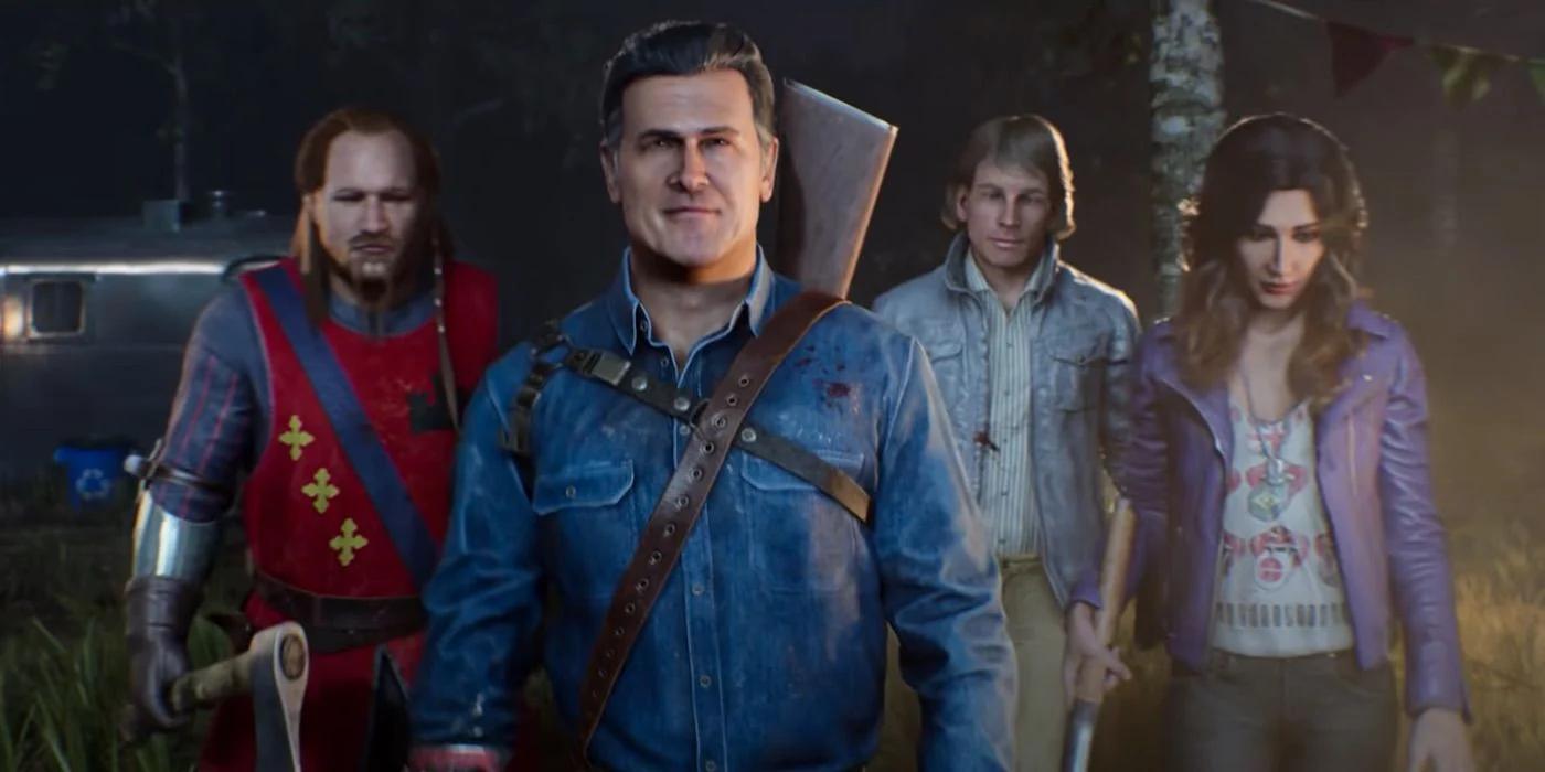 A line-up of characters from Evil Dead: The Game travelling as a group to lower their fear
