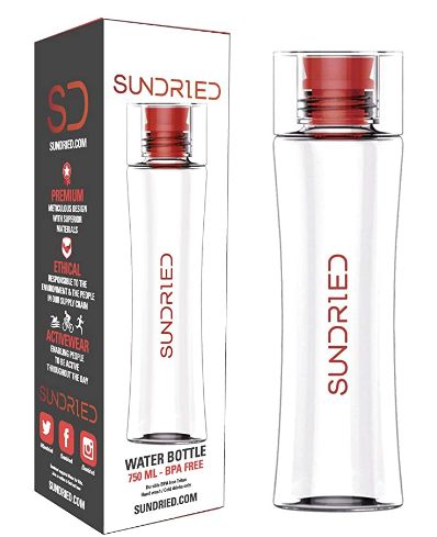 Best Water Bottle Sundried product image of transparent bottle with red silicon lid