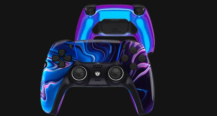 Best controller for Fortnite HexGaming product image of a custom PS5 controller with an oil spill design.