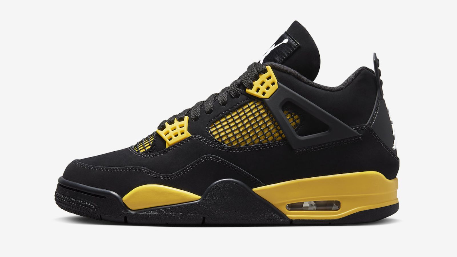 Air Jordan 4 "Thunder" product image of a black basketball shoe featuring yellow details.