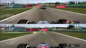 two players race against each other in f1 2014 co-op.