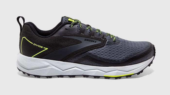 Best Winter running shoes Brooks product image of a single grey shoe with a white midsole and yellow details.
