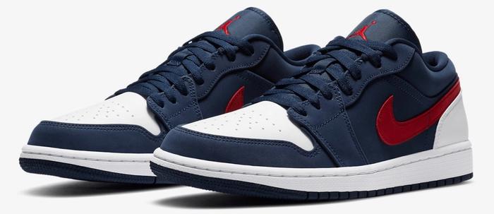 Best Air Jordan 1 Low "USA" product image of a pair of red, white, and blue sneakers.