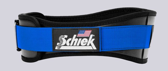 Best Weightlifting Belt Schiek product image of black nylon belt with a bright blue support.
