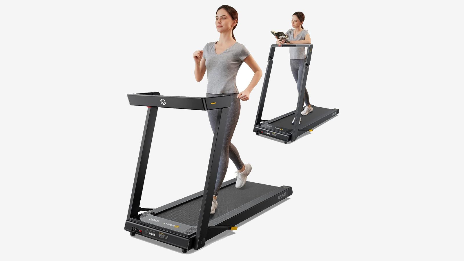 UREVO URTM012 product image of someone in grey workout gear using a black treadmill.