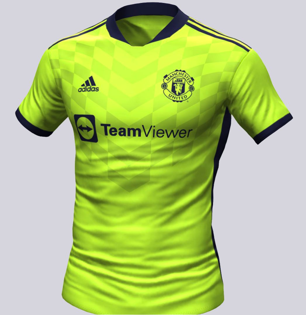 Manchester United third kit 2022/23 render image of a neon yellow adidas kit with navy blue details.