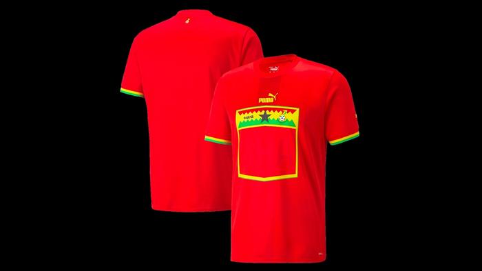 Best World Cup kits - Ghana PUMA away kit product image of a red shirt with the Ghana flag in the centre along with a yellow boarder.