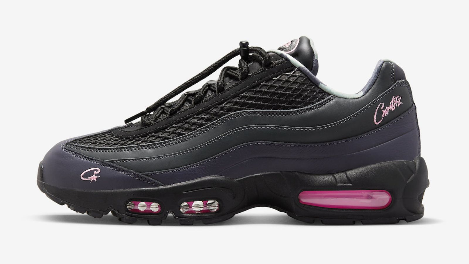 Corteiz x Nike Air Max 95 “Pink Beam” product image of a black sneaker with pink accents and Air bubbles.