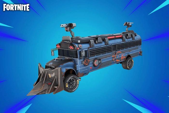 A promotional image showing off the Fortnite Armored Battle Bus vehicle