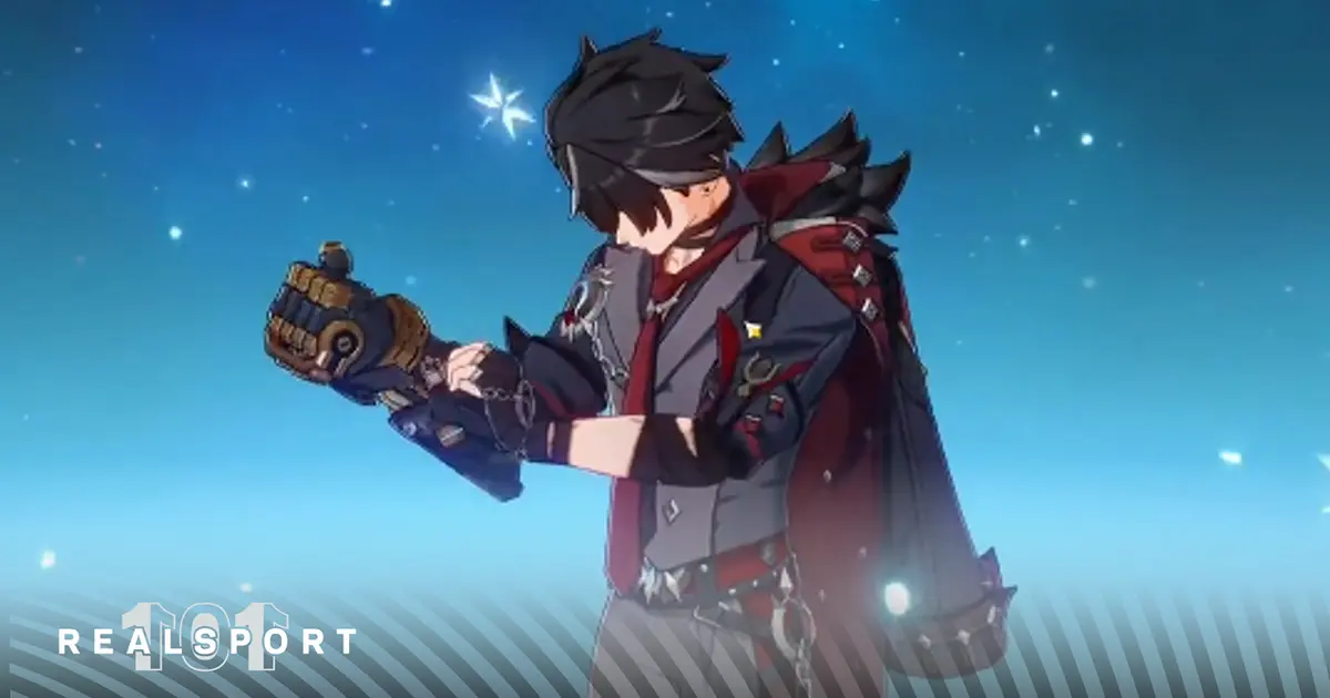 A screenshot of Wriothesley peeling a sticker from his gauntlet during his idle animation shared by Genshin Impact leaker, BlednayaLeaks.s