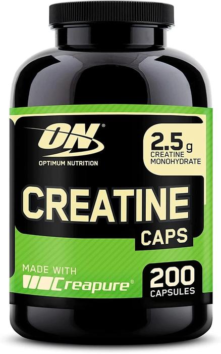 Best creatine supplement Optimum Nutrition capsules product image of a black container with green and gold details