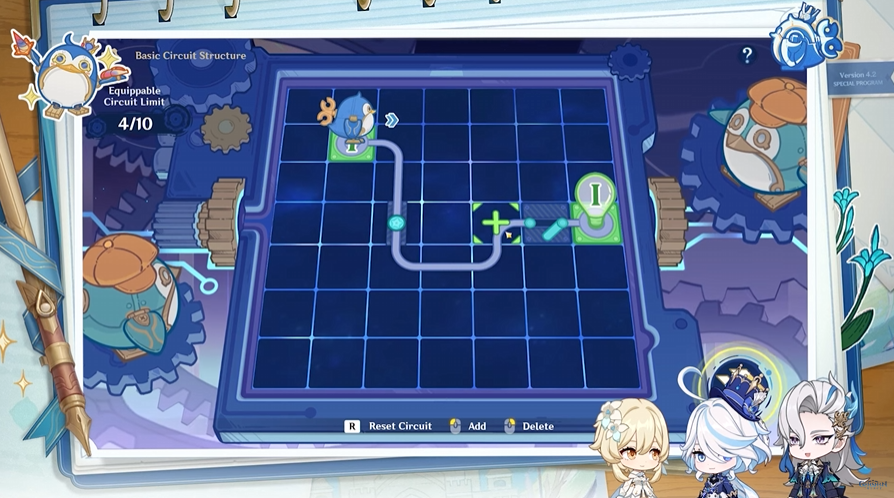 A screenshot of the Genshin Impact 4.2 flagship event: "Thelxie's Fantastic Adventures" first stage challenge "Basic Circuit Structure"