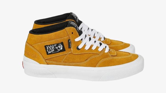Best Vans collabs - Palace x Vans Half Cab '92 GORE-TEX product image of a Butterscotch mid-cut sneaker with white midsole and black branding.