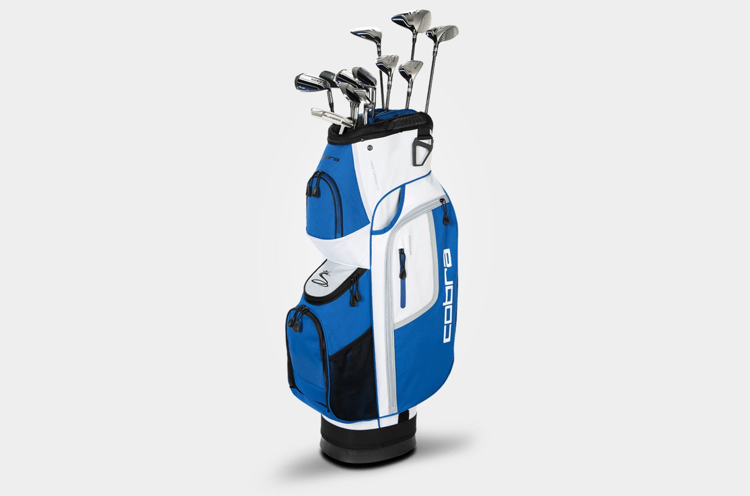 Cobra Golf Fly XL Complete Set product image of a complete set of clubs in a white and blue bag.