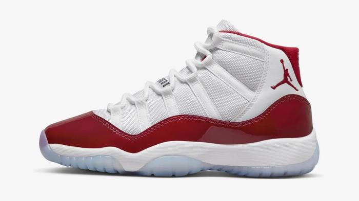 Best Jordan 11 colorways - "Varsity Red" product image of a white sneaker with patent red leather overlays and and ice blue outsole.