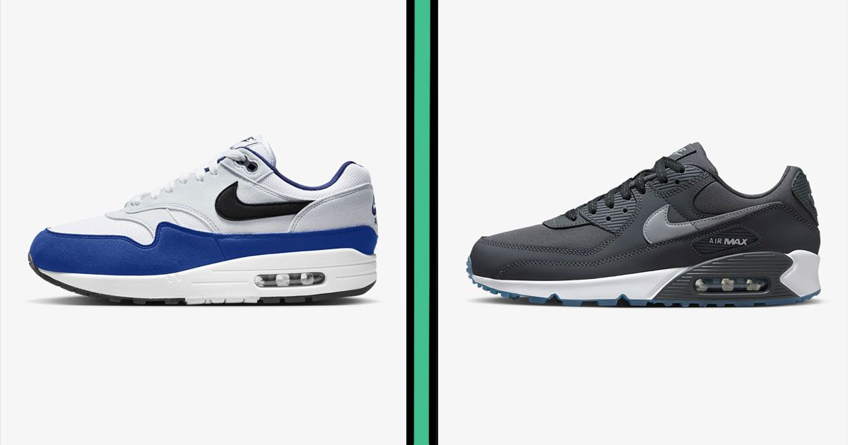 A grey and white Air Max 1 with a blue mudguard and black Swoosh on one side. On the other, a dark grey Air Max 90 with a white midsole.