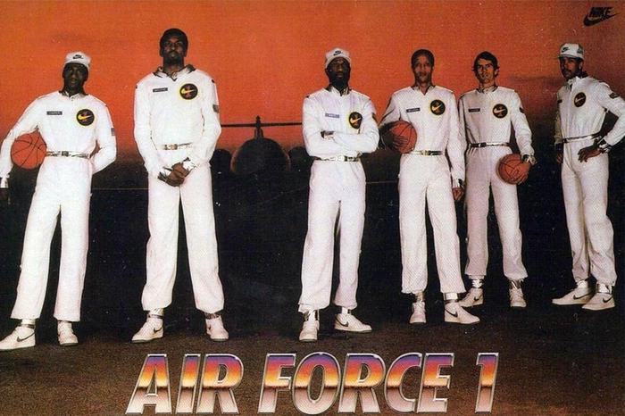 Air Force 1 history - Nike 1983 Air Force 1 campaign with six NBA players dressed in white with the original Air Force 1s on feet.