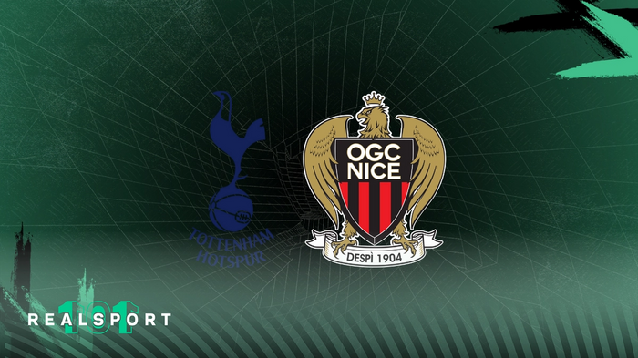 Spurs and Nice badges with green background