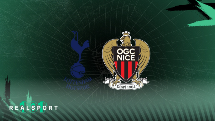 Spurs and Nice badges with green background
