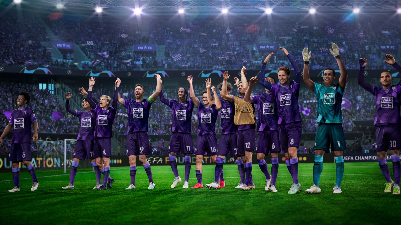 Football Manager Hero Art of a team wearing purple celebrating on a pitch.