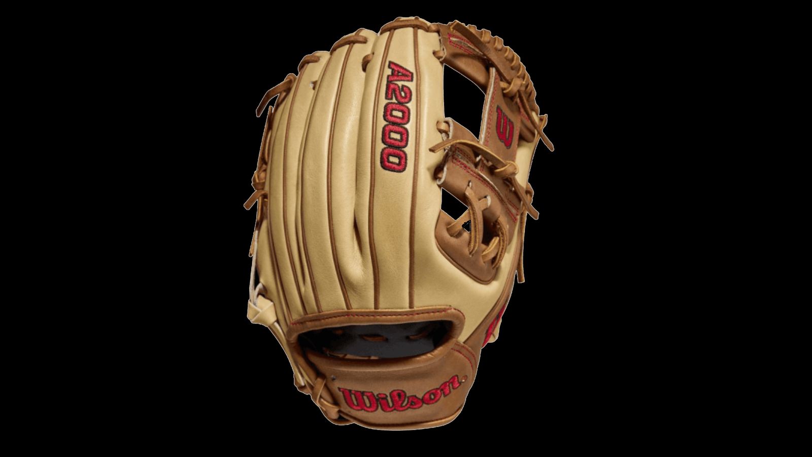 Wilson A2000 product image of a tan leather glove with red branding.