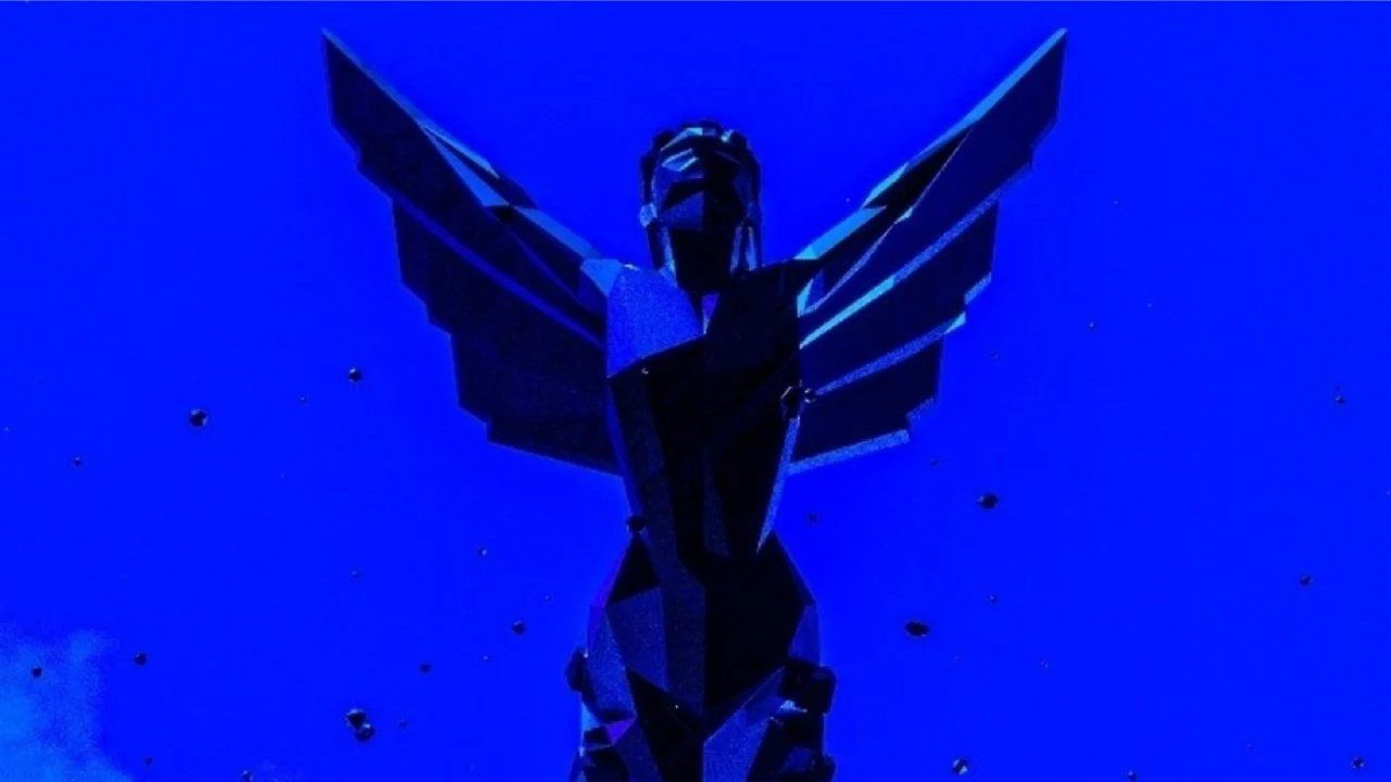A blue screen showing a Game Award statue from "The Game Awards"