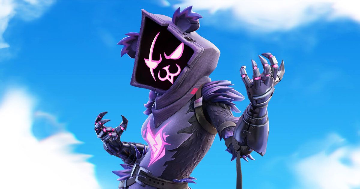 A Fortnite character in purple clothing and a hood with a hidden face beneath it with pink features shining through the darkness.