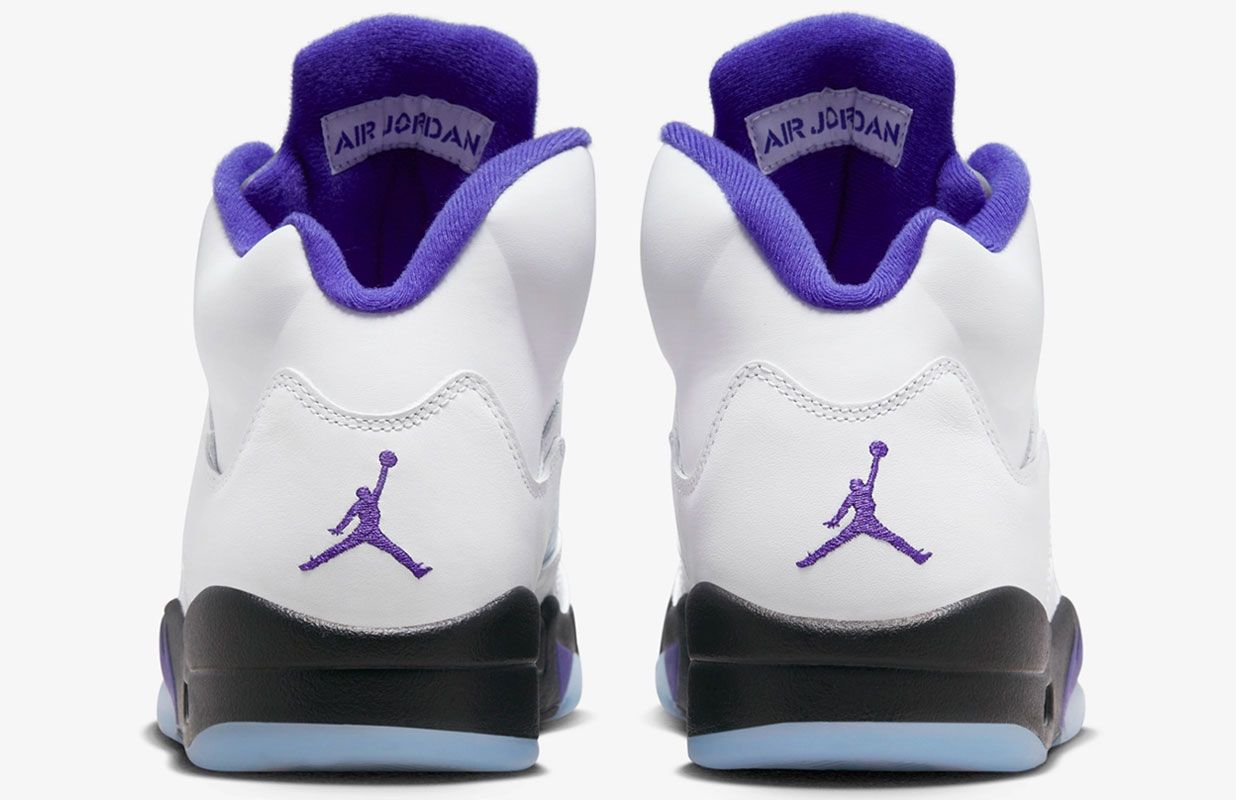 Air Jordan 5 "Dark Concord" product image of a white and black sneaker with purple accents.