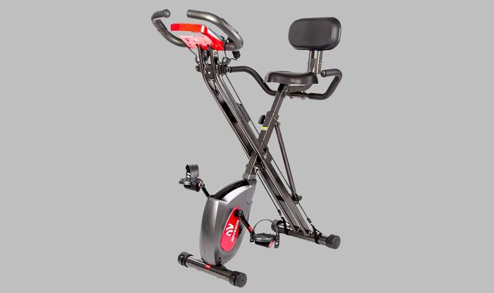 Best folding exercise bike under 200 ADVENOR product image of a grey and red bike with resistance bands.