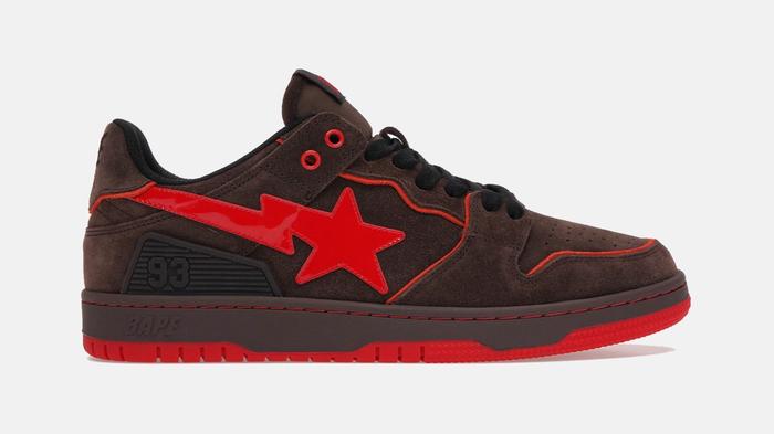 Shoes like Nike Dunk - BAPE SK8 Sta product image of a brown suede sneaker with bright red accents.