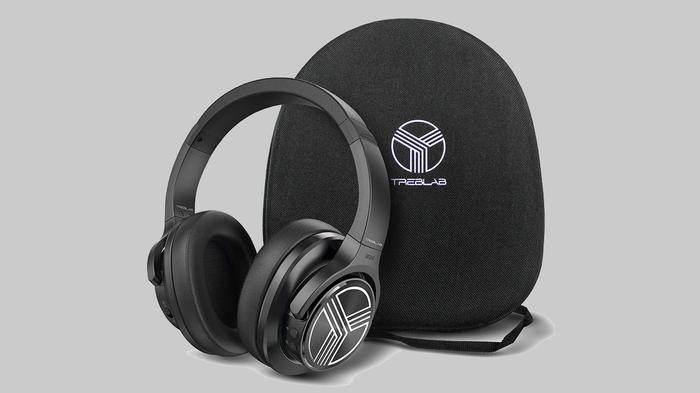Best running headphones under 100 TREBLAB product image of a set of black over-ear headphones with case.