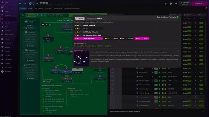 Football Manager 2022's tactics screen displaying instructions for the wide centreback position