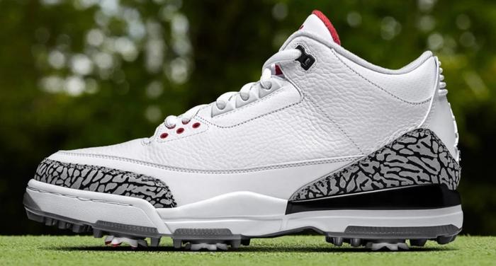 Best Jordan golf shoes Air Jordan 3 product image of a single white shoe with grey and black details around the heel and toe.