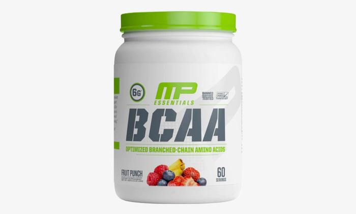 Best BCAAs MusclePharm product image of a white container with a green lid containing a Fruit Punch flavour.