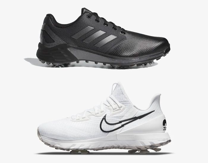 Adidas ZG21 product image of a black golf shoe above a white Nike Air Zoom Infinity Tour.