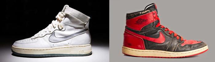 Jordan 1 vs Air Force 1 image of both the original sneakers, the Air Force 1 in white, while the Jordan 1 in black and red.
