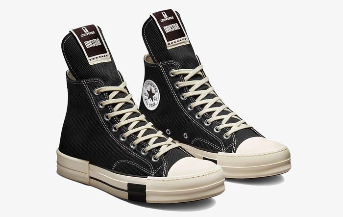 Best Converse Rick Owens DRKSHDW product image of a pair of black high-tops with white and egret-coloured details.