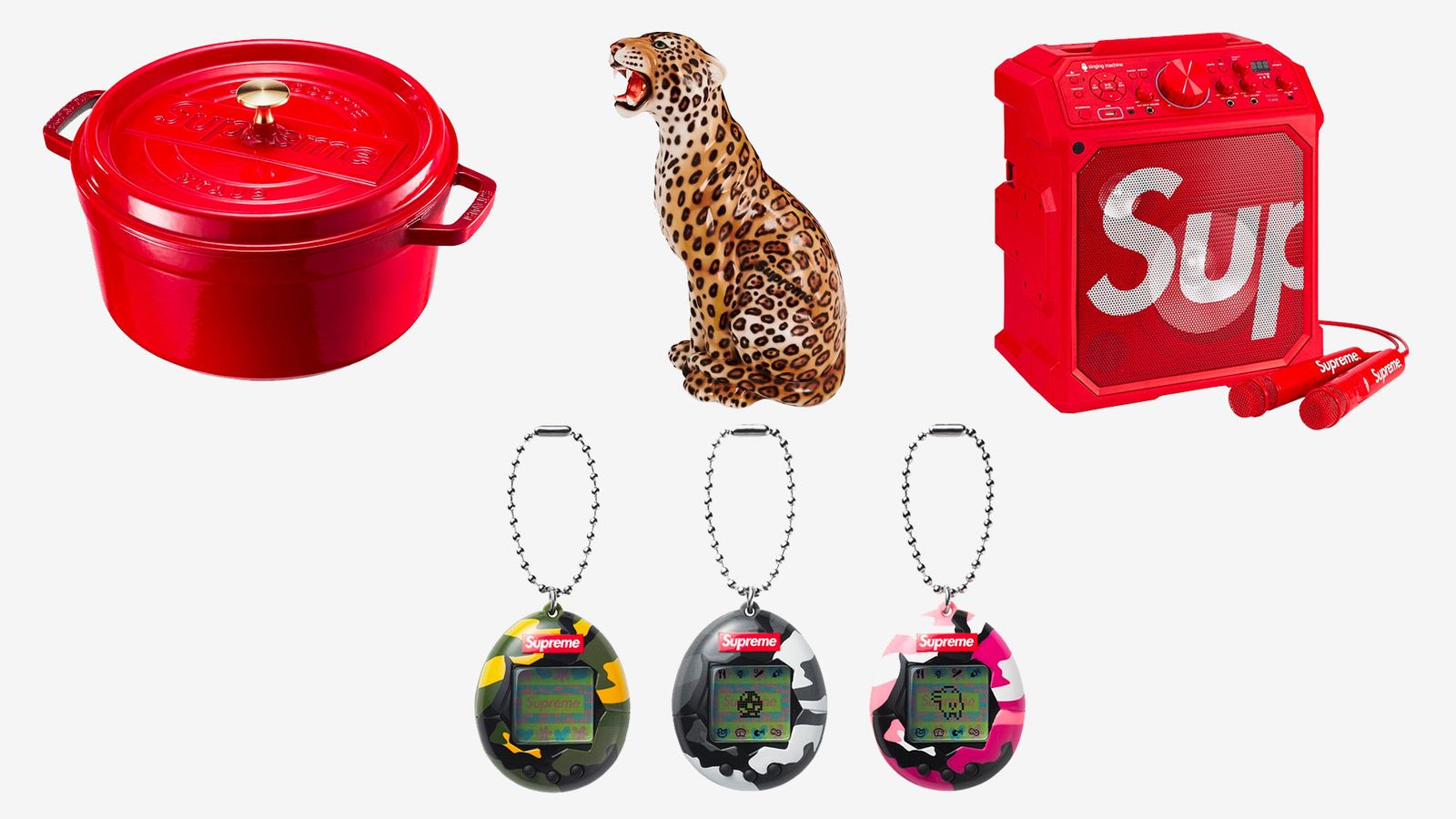 Supreme Spring/Summer 2023 collection - A range of bespoke Supreme accessories, including a red cooking pot, a karaoke set, a leopard, and a set of three Tamagotchi.