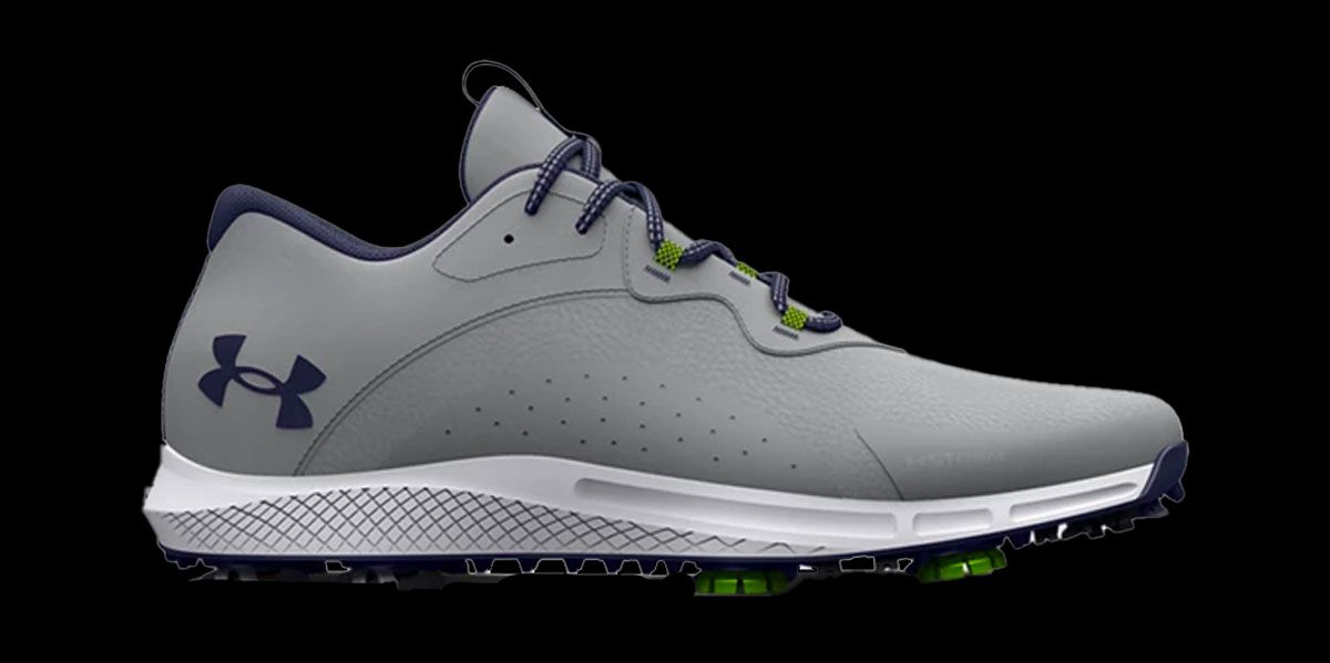 Under Armour Charged Draw 2 product image of a grey shoe featuring navy details and a white midsole.