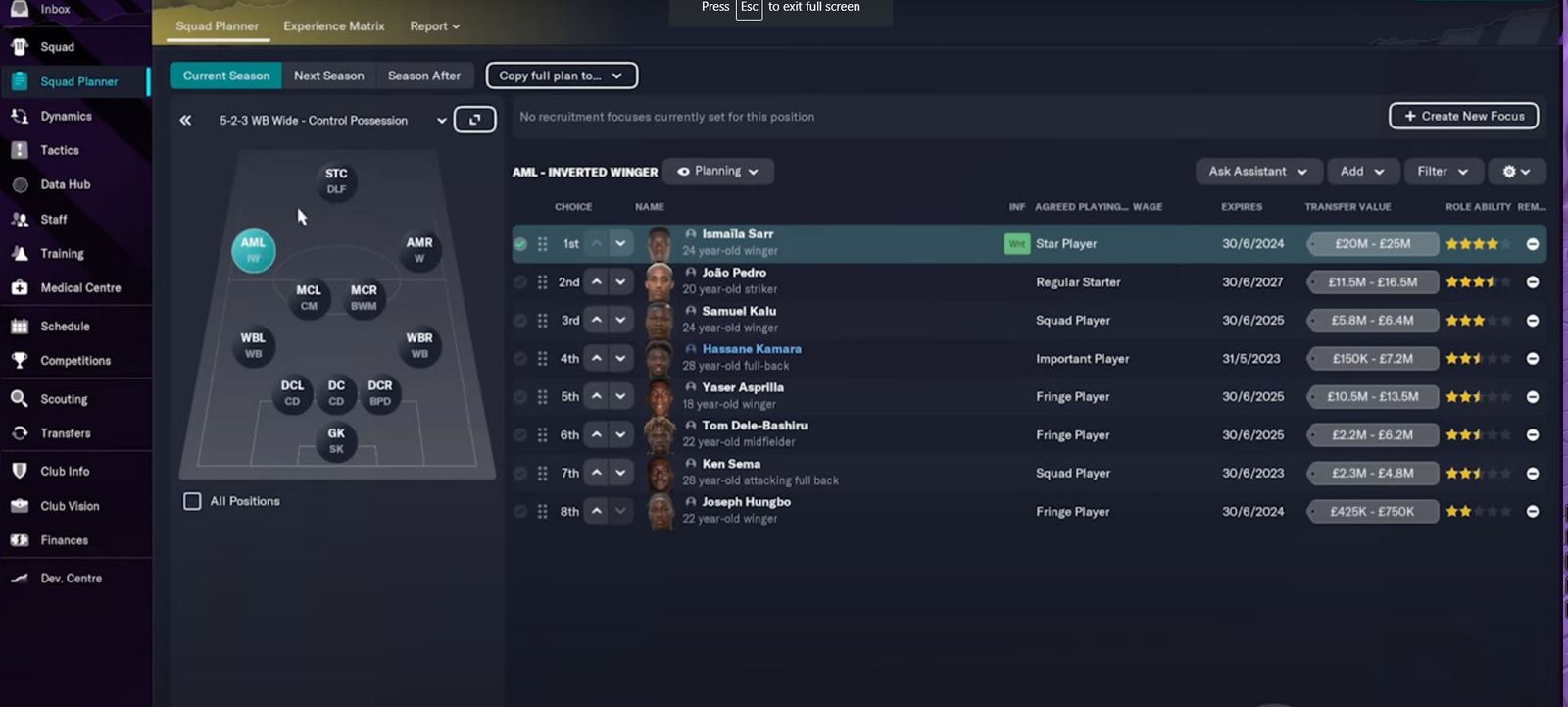 FM 23 squad planner football manager