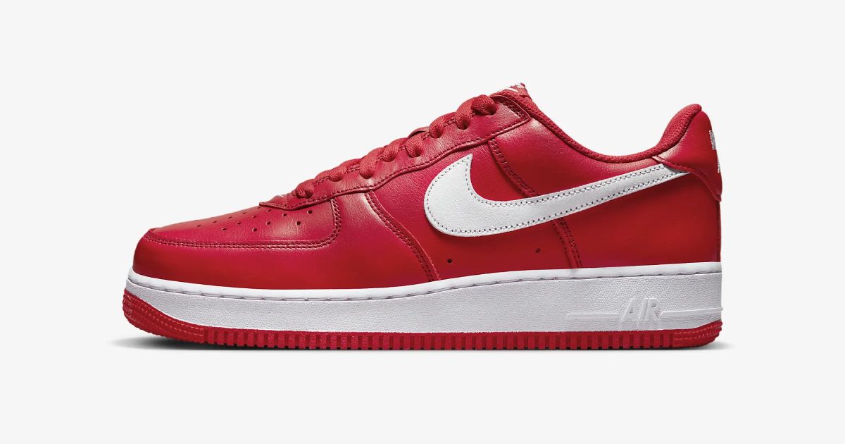 Nike Air Force 1 Low "University Red" product image of a red low-top featuring a white Nike Swoosh down the side that matches the midsole.